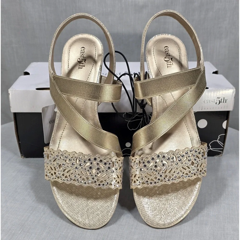 East‎ 5th Gladie Gold Wedge Sandals Rhinestone Dress Shoes Womens 8.5M 106-0208
